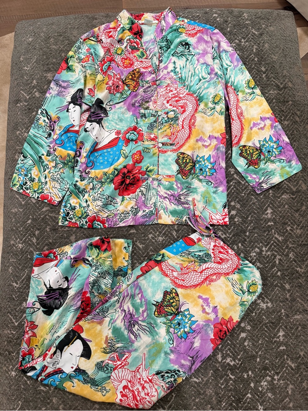 Natori Private Luxuries Dragon Geisha Satin Pajama Set Asian Print M
